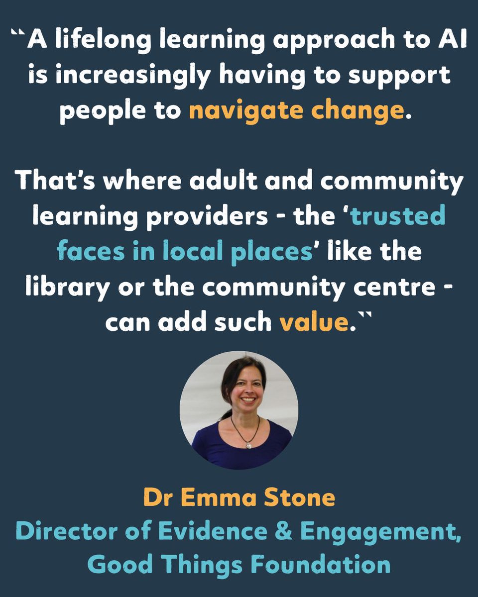 WEAadulted's tweet photo. As AI moves fast and risks leaving people behind, local support and simple learning tools can help everyone stay confident online. 

Dr Emma Stone of @GoodThingsFdn shows how lifelong learning can help people navigate the fast moving world of AI. https://t.co/Hrn7aAhtlG #WEALabs https://t.co/Sr6JzjeEk3
