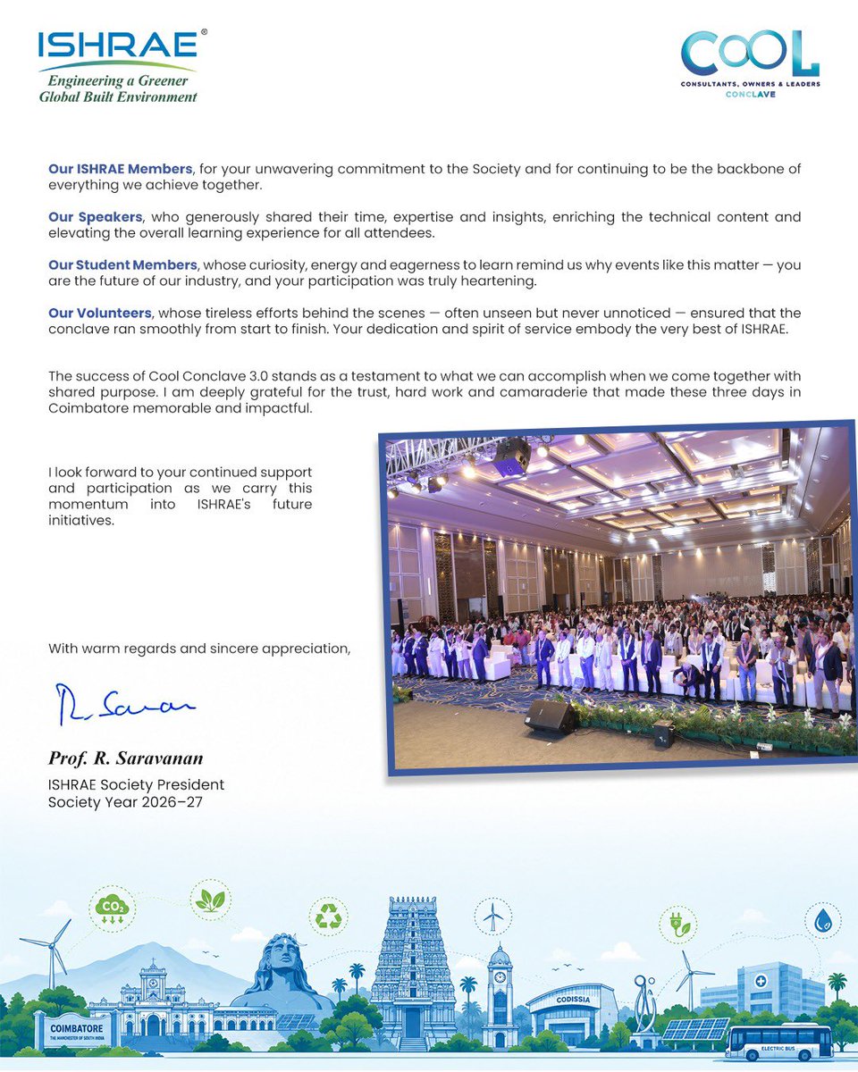 ishraehq's tweet photo. A Message of Gratitude from the President
The success of Cool Conclave 3.0 was made possible by the collective passion, dedication and collaboration of our entire ISHRAE community.
#Ishrae #coolconclave https://t.co/74XP3KN9oX