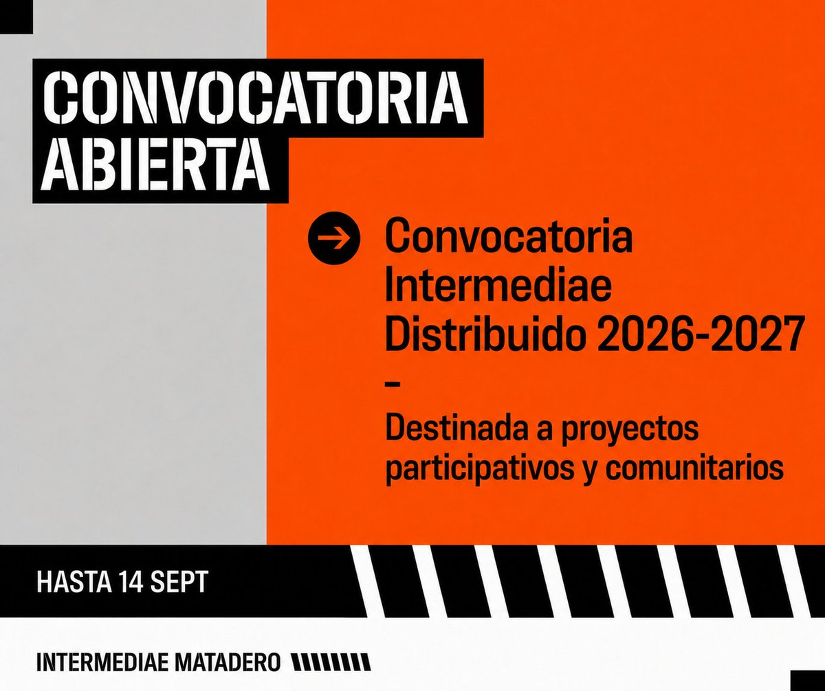 intermediae's tweet photo. 📢 Hasta el #14SEP está #AbiertaConvocatoria de 𝗜𝗻𝘁𝗲𝗿𝗺𝗲𝗱𝗶𝗮𝗲 𝗗𝗶𝘀𝘁𝗿𝗶𝗯𝘂𝗶𝗱𝗼
Dirigida a artistas y colectivos interesados en desarrollar proyectos en colaboración con agentes y comunidades de Arganzuela y Usera. 

+Info. e inscripciones🔻
https://t.co/tw8bdz1sp2 https://t.co/ifnwX0Yi6c