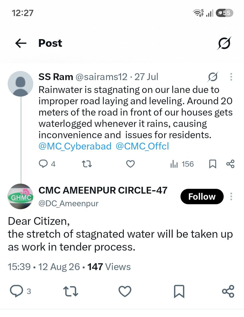 sairams12's tweet photo. @CMC_Offcl POSTING UNTIL THE BELOW ISSUE RESOLVES 🚨🚨
Rainwater is stagnating on our lane due to improper road laying and leveling. Road repair reqd
No work done yet by ameenpur team
#Hyderabad

https://t.co/Ee5vaxpndp…

@MC_Cyberabad @CMC_Offcl @DC_Ameenpur @revanth_anumula @TelanganaCMO https://t.co/aEPJzGHVhR