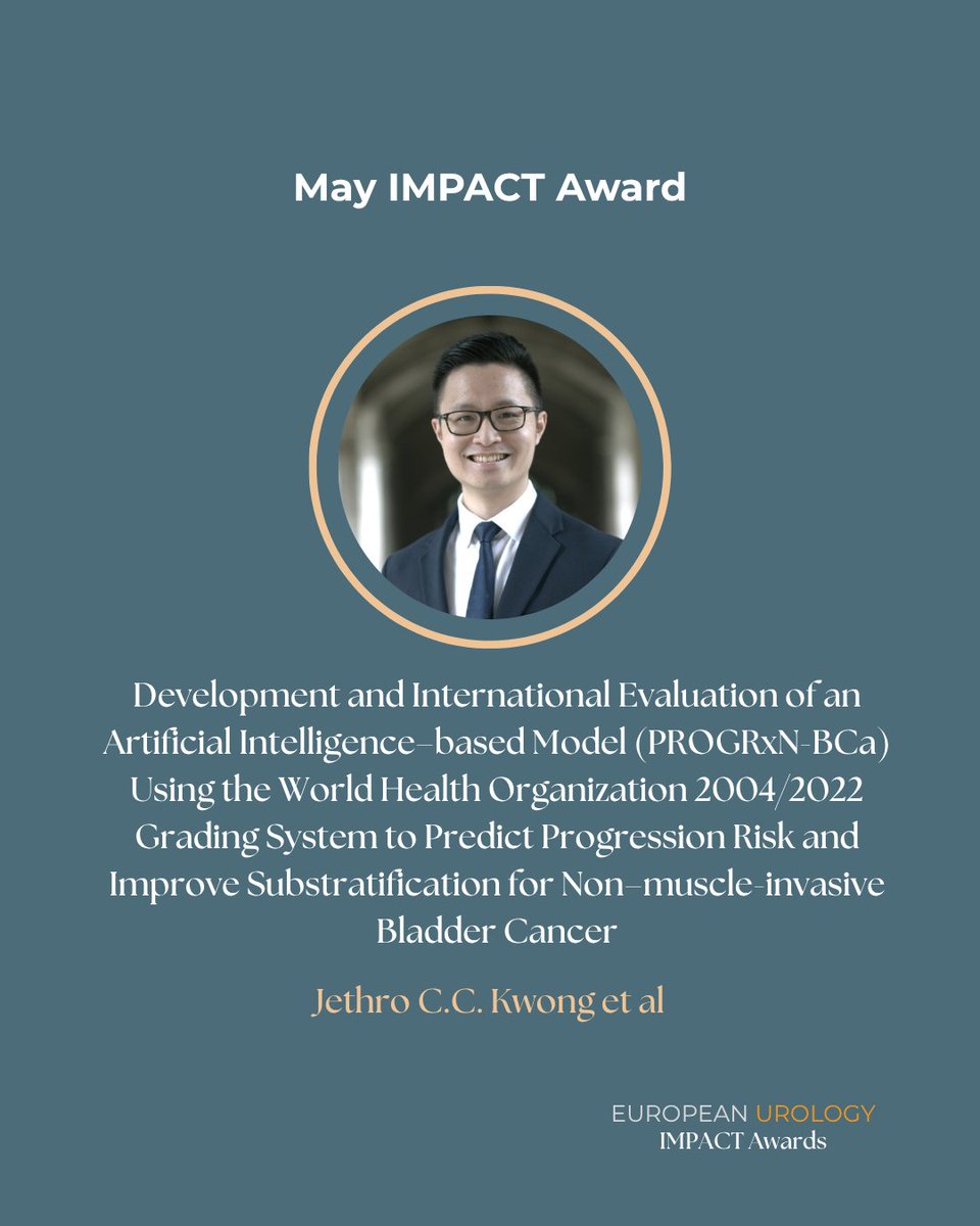 EUplatinum's tweet photo. 🏆 Congratulations to Jethro C.C. Kwong et al. on receiving our May IMPACT Award!

Well deserved. 👏

#IMPACTAward #EuropeanUrology #NMIBC #Oncology #Urology https://t.co/UywD52uuDb