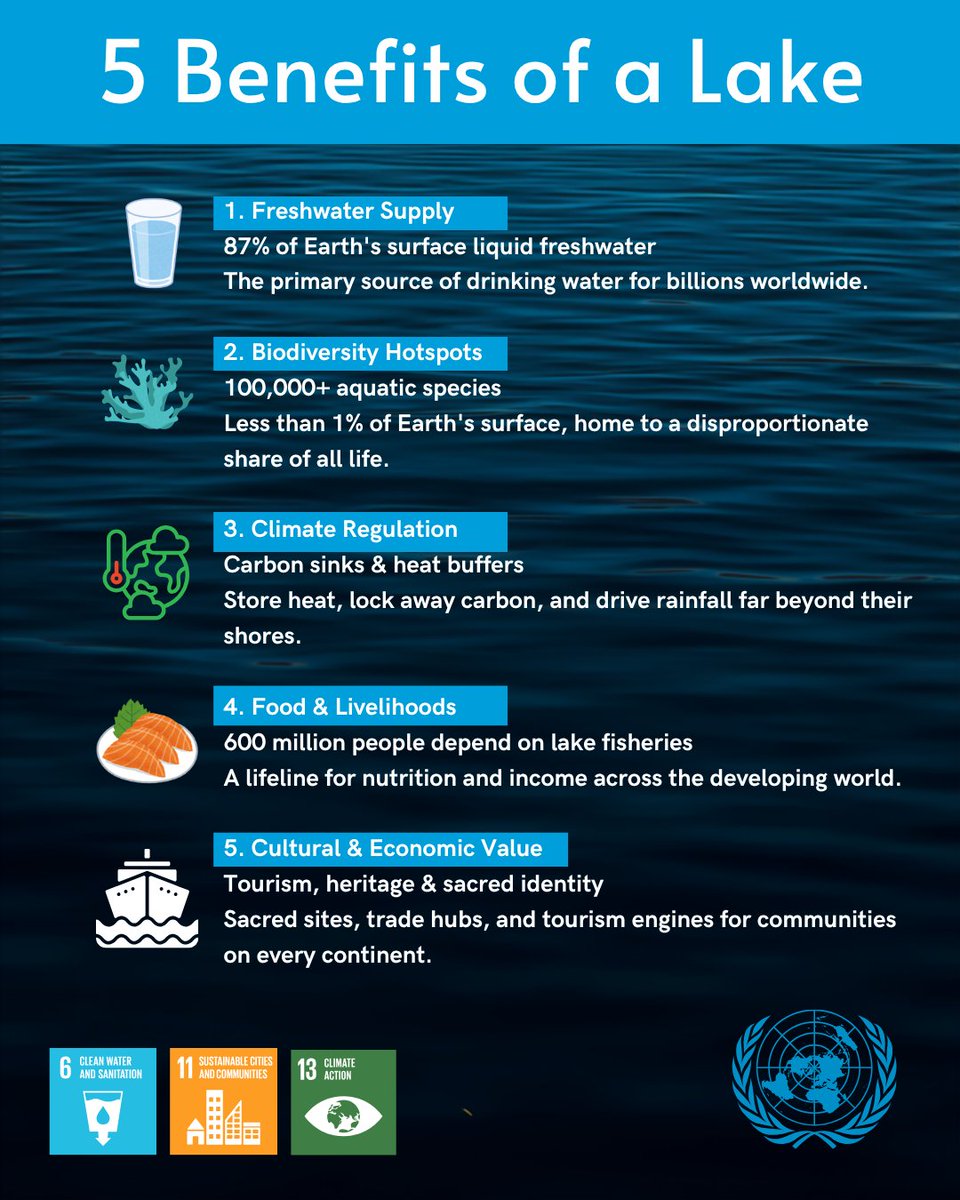 UNISNairobi's tweet photo. 5 reasons lakes matter more than most people realise 👇
. Fresh water
. Biodiversity
. Climate
. Food
. Culture 

All of it — at risk. Source: @UNEP 

#Freshwater  #Lakes #Environment https://t.co/KbysQToLQg