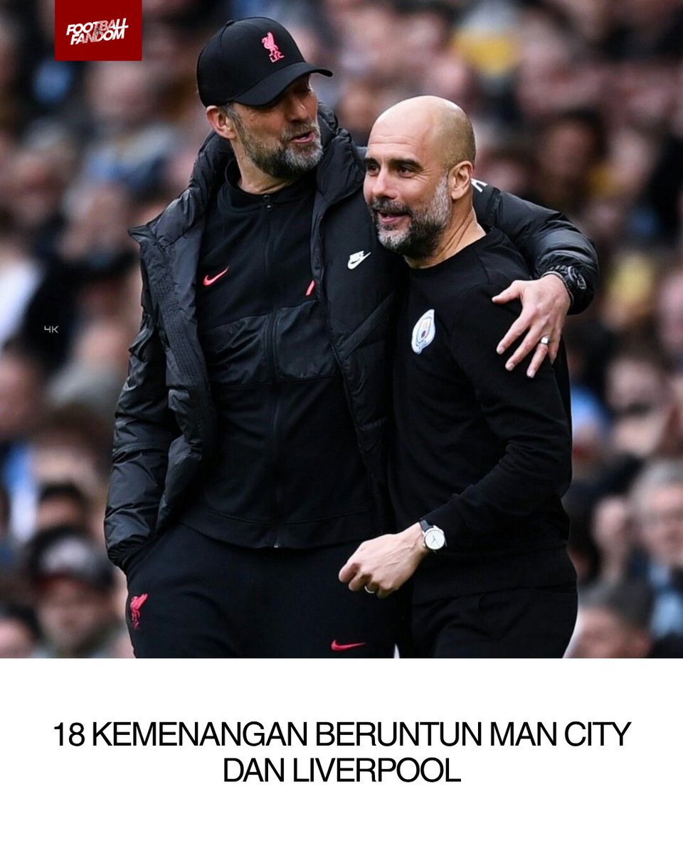 Fandom_ID's tweet photo. Manchester City dan Liverpool memegang rekor kemenangan beruntun terbanyak dalam sejarah Premier League dengan mencatatkan 18 kemenangan secara berturut-turut

City mengukirnya pada musim 2017/2018 di bawah Pep Guardiola, sementara Liverpool menyamai rekor gila tersebut pada musim 2019/2020 bersama Jurgen Klopp. Mereka berhasil menyapu bersih 18 pertandingan liga tanpa merosot poin sekali pun

Apakah akan ada tim lain yang menyamai atau bahkah melampaui rekor ini?