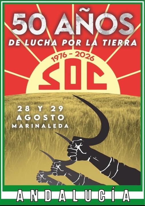 NacionalCUT's tweet photo. Este viernes 28 de agosto te esperamos en Marinaleda para celebrar el 50 Aniversario del SOC. Habrá conferencias, mesas redondas, exposiciones, documental, música, teatro,... No te lo puedes perder, te esperamos. 
#50AniversarioSOC
#Marinaleda28y29Agosto https://t.co/gFRFWTCVrW