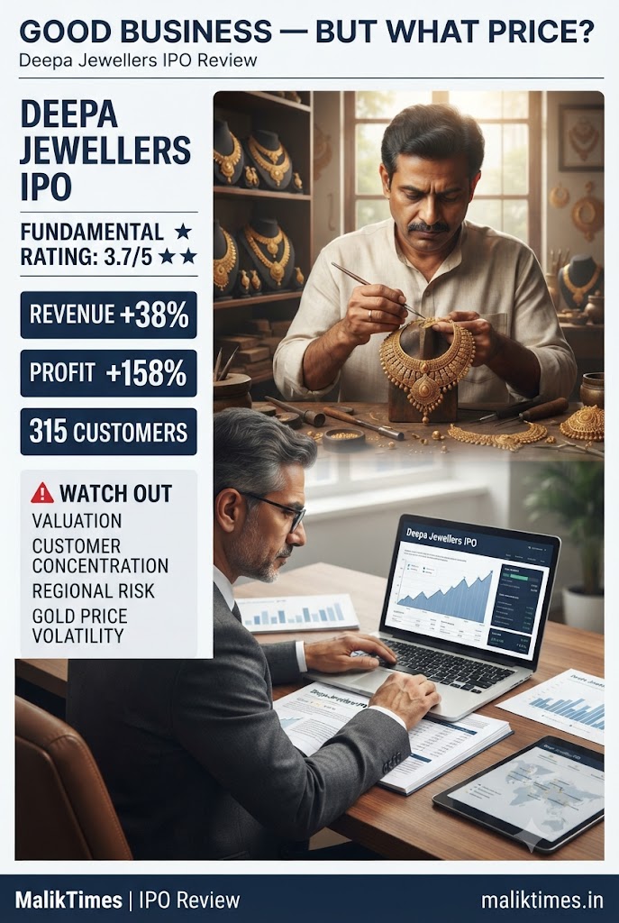 Advparvezali's tweet photo. Deepa Jewellers IPO: worth watching?

Revenue +38% YoY
Profit +158% YoY
315 customers
B2B supplier to major jewellery chains
My fundamental score: 3.7/5
But valuation is still pending.
👉 https://t.co/2ZLSrqTcPs

#IPO #IPO2026 https://t.co/Ox5Zzwg1Jx