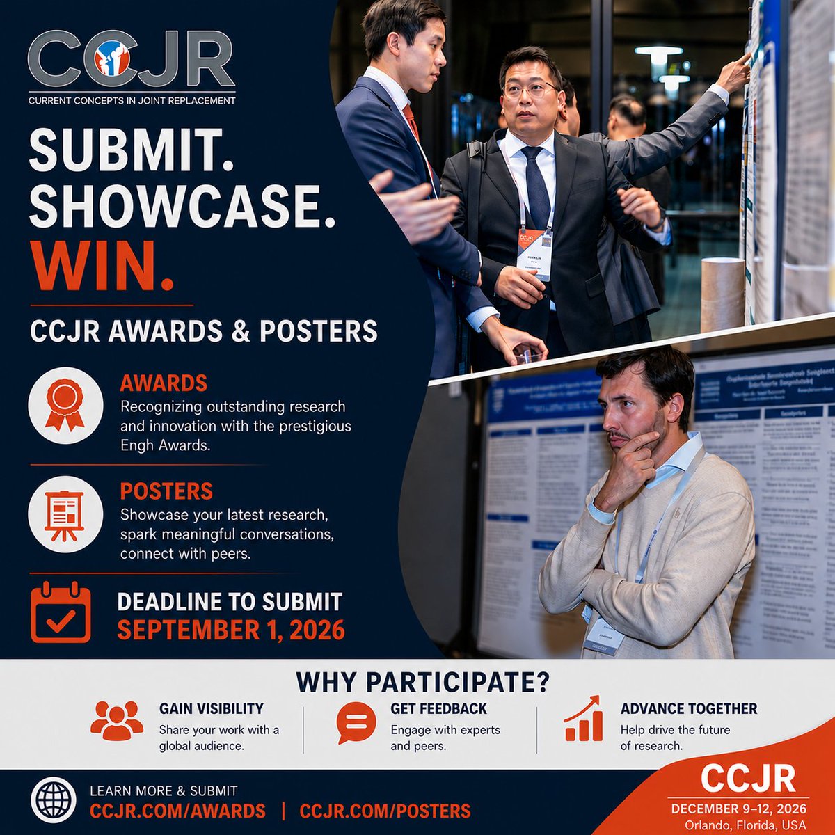 HipSocKneeSoc's tweet photo. Submit your posters and apply for the prestigious Engh Awards by Sep 1, 2026. Gain visibility, receive expert feedback, and help advance the field of joint replacement. Learn more: https://t.co/C9MrvUxuK8 | https://t.co/CHDOUIloPg #CCJR2026 #ThisIsCCJR https://t.co/QUaZwyKXV5