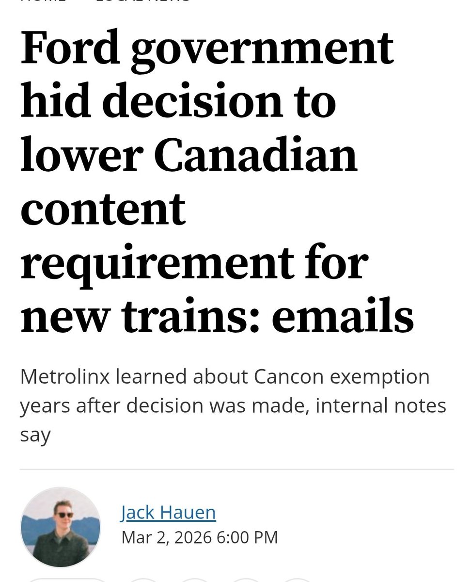 Freire1Pb's tweet photo. Ford's Maga gov secretly reduced Canadian content from 25% to 10%, bypassed Alstom local subway car manufacturer &amp; awarded $9B contract to Connect 6ix, a consortium led by Hitachi Rail U.S., to deliver Ontario line trains, systems, operations, &amp; maintenance for the next 30 years. https://t.co/Nbwgbk39Vo
