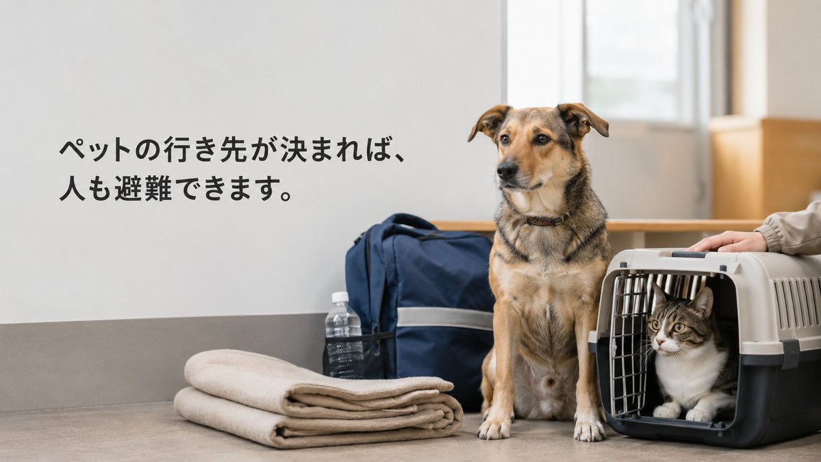 1996SF's tweet photo. 災害時、動物は自分で避難先を探すことができません。そして飼い主も、置いて行くことができないために、自分の避難を後回しにすることがあります。

ペットの一時預かり先や、一緒に避難できる施設の情報は、犬や猫のためだけのものではありません。その行き先が決まることで、ようやく避難できる人がいます。

ペットを守るための情報は、その飼い主の命を守る避難情報でもあります。