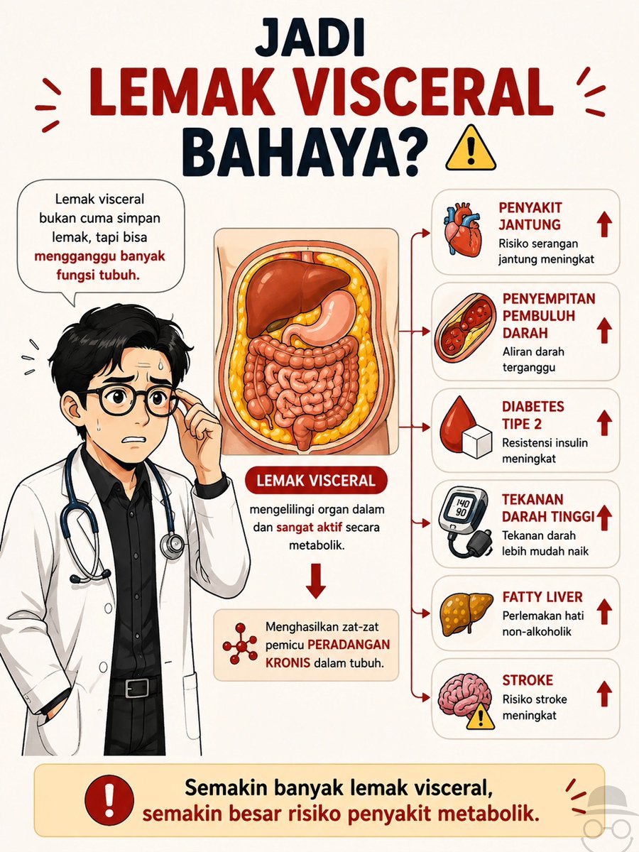 doktercamo's tweet photo. KURUS TAPI BANYAK LEMAK? BISA DONG ⚠️

Lemak bukan hanya yang terlihat dari luar, karena... HATI HATI! Ada yang namanya LEMAK VISCERAL 😱

Lemak ini bukan sekadar tempat menyimpan energi. Ia aktif menghasilkan zat-zat yang memicu peradangan kronis, mengganggu kerja insulin, meningkatkan tekanan darah, dan mempercepat proses penyempitan pembuluh darah.

Akibatnya, risiko berbagai penyakit ikut meningkat, seperti kencing manis, tensi tinggi, kolesterol tinggi, dan macam macaaamm 😭

Orang kurus juga bisa punya lemak visceral yang tinggi (skinny fat).
Jadi, jangan menilai kesehatan hanya dari angka timbangan atau bentuk badan.
Lebih penting untuk menjaga: 
✅ Lingkar perut tetap ideal
✅ Massa otot yang baik
✅ Gaya hidup aktif
✅ Pola makan yang seimbang

Jadi gimana, lemak anda banyak gak? 😌

#kolesterol #skinnyfat #obesitas #fattyliver #tanyadoktercamo