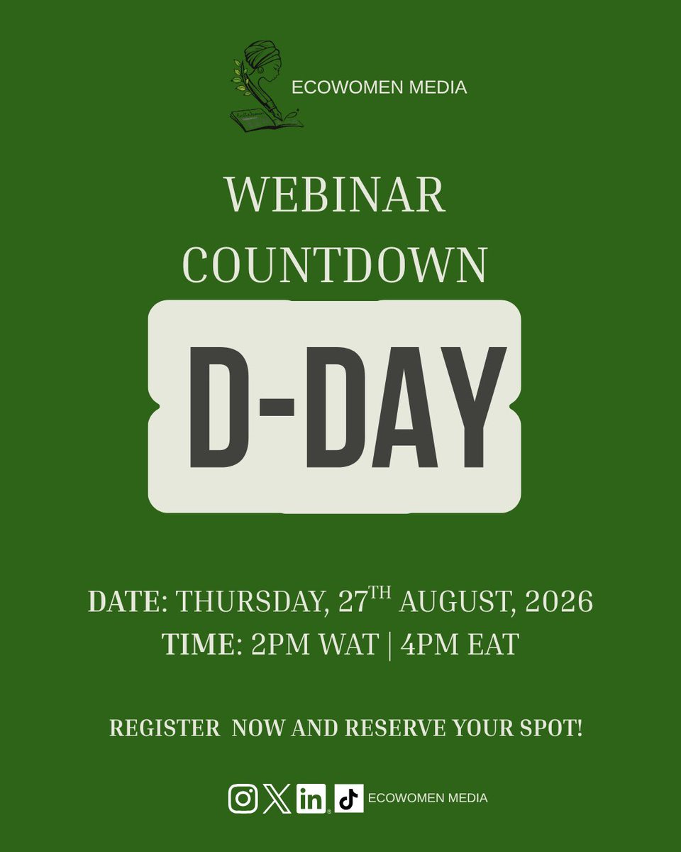 ecowomenmedia's tweet photo. Today’s the day! In just a few hours, we go live for our EcoWomen Media webinar and we cannot wait to have you with us. If you haven’t registered yet, here’s the link https://t.co/7BJT1RCzza don’t miss it!

📅 Thursday, 27th August 2026
🕓 2PM WAT | 4PM EAT

See you there! https://t.co/2f8oJIWAvK
