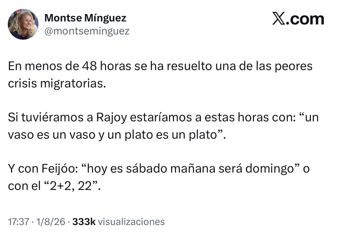 NoSoyLaGente's tweet photo. @el_pais “En menos de 48 horas se ha resuelto una de las peores crisis migratorias”. 

Publicado el 1 de agosto.

Montse Minguez, portavoz de la Ejecutiva Federal del PSOE y Secretaria general del PSOE en el Congreso. https://t.co/QwGFwQJ0OB