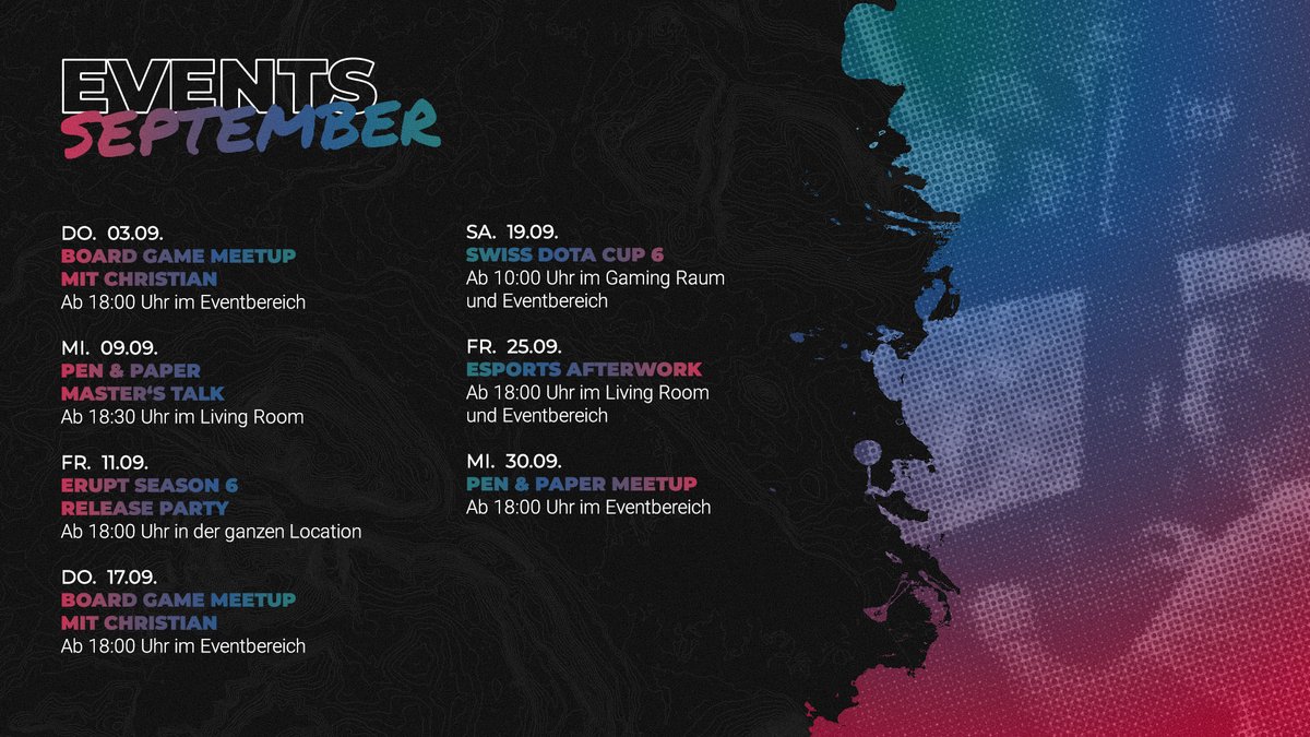 erupt_lounge's tweet photo. The start of our next Season is just around the corner! 🔥

🥳 Season 6 Release Party
⚔ Swiss Dota Cup 6 with @scytheofseraph
🍻 Esports Afterwork with @mYinsanityCH 

TCG events are shared weekly on WhatsApp 💬

More news &amp; events coming soon! 😏

🔗 https://t.co/CSwxE0Dt8n https://t.co/DvHf1v06vs