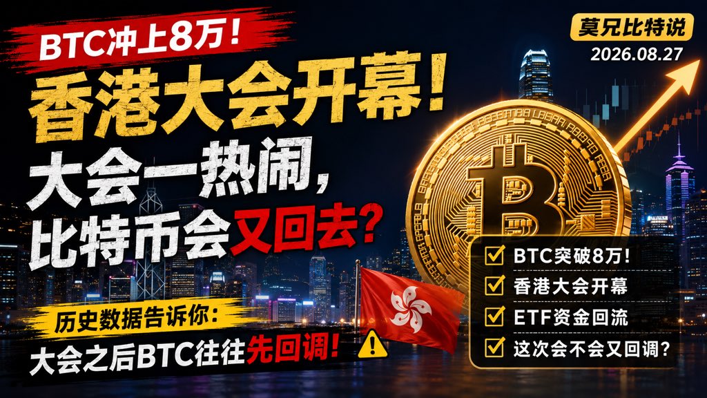 monengjun's tweet photo. 🚨 BTC冲上8万美元，香港 Bitcoin Asia 2026 今天开幕！

老莫今天最关心的不是大会上谁喊“十万美元”，而是一个老问题：大会越热闹，BTC会不会反而“利好兑现”？

这几天BTC一周涨超20%，市场情绪重新进入极度贪婪，ETF资金也持续回流。短线确实变强，但涨得太快，追高风险同样在增加。

接下来就盯三个东西：
① BTC能否站稳8万美元
② ETF资金是否继续流入
③ 香港大会结束后，BTC到底继续涨，还是冲高回落？

大会很热闹，价格才是最终答案。