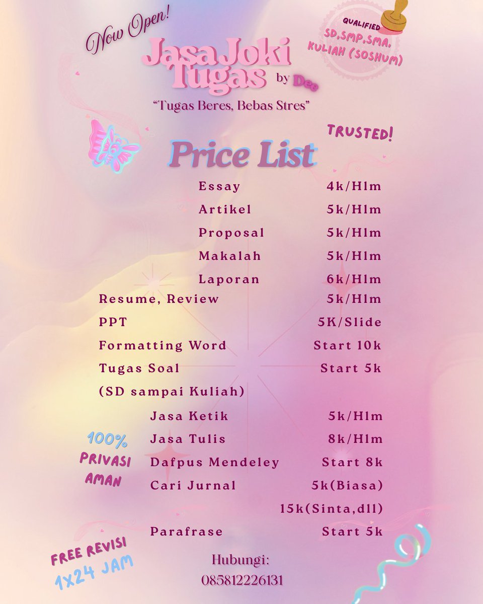 Moonbieni's tweet photo. ⤷ ˎˊ˗open jasa joki tugas, open discuss, murah, trustedd%, garansi, spess soshum😉🫶🏻❀
☆ makalah
☆ proposal
☆ ppt
☆ artikel jurnal
☆ soal sd, smp, sma, kuliah
☆ analisis or review jurnal
☆ jasa ketik
langsung chat aja link di bio yaa💕
#zonauang #zonajajan #bealanja https://t.co/ULtmDvfXz6