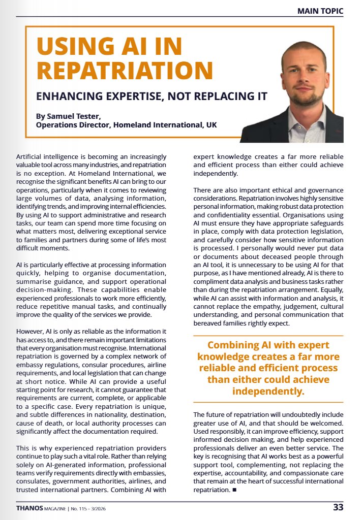 HomelandIntl's tweet photo. Samuel Tester shared his thoughts on AI and its use within the Repatriation sector.

You can read the article here: https://t.co/kwLbMnDQYO 

#repatriation #AI #Assistance #FuneralDirectors https://t.co/lCgqne3nvS