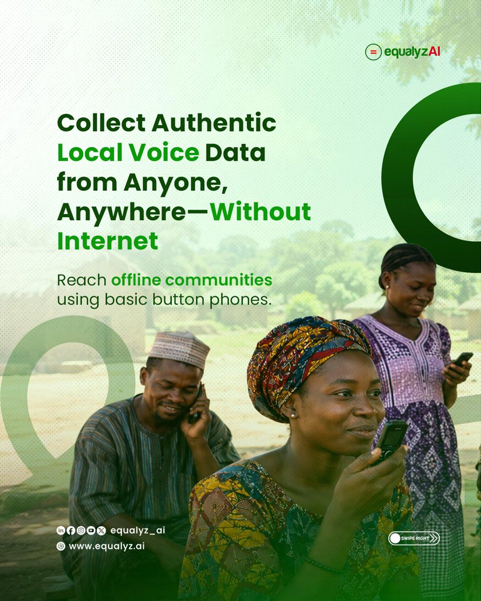 equalyz_ai's tweet photo. To build voice technology that truly understands our people, we must include millions who don’t use smartphones or the internet.

VoiceBridge makes that possible.

By using simple phone calls on basic features phones, VoiceBridge allows anyone, anywhere, to contribute their voice in their native language without needing data or Wi-Fi. It gives researchers, NGOs, and developers the exact tool they need to collect authentic, high-quality African voice datasets directly from the community.

No smartphones and no internet? No problem. We are bridging the data gap so no community is left behind in the AI revolution.

Swipe through to see how VoiceBridge works!

Learn more about how you can power your voice data projects at https://t.co/z967FFY04T

@ALERWANDA @AFLConf @all__lab @AfriLangUK  @toladata  @africa_dc @SoftEngineerSo1  @AfricaBanking @GoogleDeepMind  

#VoiceBridge #EqualyzAI #VoiceData #DataCollection #AfricanAI #SovereignAI #NLP #LanguageTech #EqualyzAI