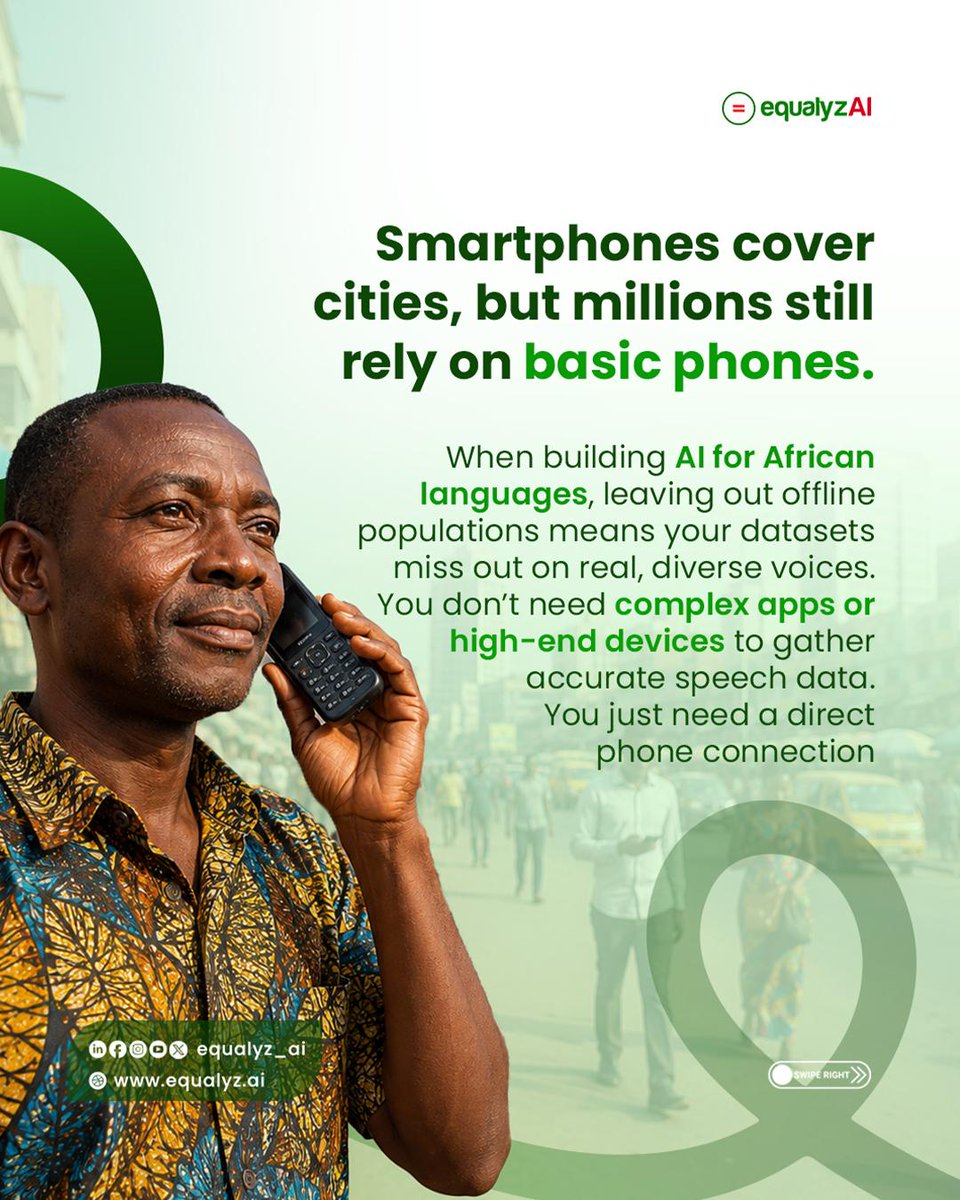 equalyz_ai's tweet photo. To build voice technology that truly understands our people, we must include millions who don’t use smartphones or the internet.

VoiceBridge makes that possible.

By using simple phone calls on basic features phones, VoiceBridge allows anyone, anywhere, to contribute their voice in their native language without needing data or Wi-Fi. It gives researchers, NGOs, and developers the exact tool they need to collect authentic, high-quality African voice datasets directly from the community.

No smartphones and no internet? No problem. We are bridging the data gap so no community is left behind in the AI revolution.

Swipe through to see how VoiceBridge works!

Learn more about how you can power your voice data projects at https://t.co/z967FFY04T

@ALERWANDA @AFLConf @all__lab @AfriLangUK  @toladata  @africa_dc @SoftEngineerSo1  @AfricaBanking @GoogleDeepMind  

#VoiceBridge #EqualyzAI #VoiceData #DataCollection #AfricanAI #SovereignAI #NLP #LanguageTech #EqualyzAI