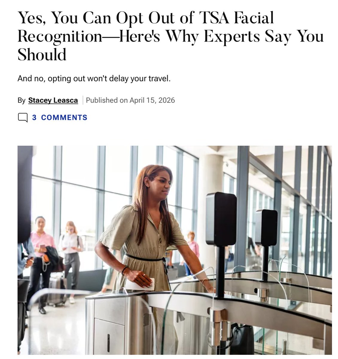 heynavtoor's tweet photo. A US senator walked up to an airport checkpoint and refused to have his face scanned.

His name is Jeff Merkley. He is the senator from Oregon. He has spent three years trying to get the TSA to tell travelers something the TSA already admits on its own website.

The face scan at the checkpoint is optional. Almost nobody is told.

There is one sentence that stops it. Here is the sentence, and everything the TSA does not want you to know about saying it.

First, the TSA's own words. From the TSA website:

"Travelers who do not wish to participate in the facial recognition technology process may decline the optional photo, without recourse, in favor of an alternative identity verification process, which does not use facial recognition technology to verify their identity."

Optional photo. Without recourse. Those are their words, not mine.

The TSA also says this on the same page:

"Travelers will not lose their place in line for security screening."

And using the alternative method "does not take longer."

So the two things a TSA agent might tell you at the checkpoint, that you will hold up the line or take longer, are ruled out by the TSA's own website.

Now the sentence. When you get to the checkpoint, before the scan, say this:

"I do not consent to the scan and would like to have my ID manually verified."

That is it.

The officer will take your physical ID, either a driver's license or a passport, and check the photo against your face the way they did for the last twenty years. Merkley has documented himself doing this on flights between DC and Portland.

Here is why almost no one knows.

Senator Merkley has been pushing this since July 2023. He went to Reagan Washington National Airport that summer to publicly demonstrate the opt-out and to challenge the TSA on how the program is being run. The Washington Post covered it.

In May 2025, Merkley introduced the Traveler Privacy Protection Act with Senators John Kennedy of Louisiana, Ed Markey of Massachusetts, and Roger Marshall of Kansas. Two Republicans, two Democrats. The bill is endorsed by the American Civil Liberties Union, the Electronic Privacy Information Center, Public Citizen, and three other watchdog groups.

Merkley's own words from that press release:

"Folks don't want a national surveillance state, but that's exactly what the TSA's unchecked expansion of facial recognition technology is leading us to."

And:

"Americans have the right to opt out of using TSA's facial recognition at the airport, and we need to protect that right. Our Traveler Privacy Protection Act safeguards the freedoms and privacy of all Americans by making sure no one is required to have their face scanned to travel."

Here is what the TSA is planning.

Facial recognition is currently at more than 84 US airports. The TSA plans to expand it to more than 430. That is nearly every commercial airport in the country. And per the bill's findings, the TSA is "eventually planning to make this technology mandatory for all travelers."

Right now it is optional. That window is closing.

The TSA says the technology is not being abused. Their exact wording:

"Biometrics are not used for surveillance. Facial recognition technology is solely used to automate the current manual ID credential checking process and will not be used for surveillance or any law enforcement purpose."

Take them at their word. The point is not that the TSA is doing something illegal. The point is you get to choose.

Here is the 5-minute action you can take tonight, before your next flight.

- Memorize the sentence: "I do not consent to the scan and would like to have my ID manually verified."

- Have your physical ID out and ready. Driver's license or passport. Not a screenshot on your phone.

- When you get to the podium, hand the agent your ID and say the sentence in a normal tone. Do not apologize.

- If the agent pushes back or tells you it will take longer, calmly repeat the sentence. If they still refuse, ask for a supervisor.

- This applies to TSA checkpoints only. International arrivals into the US go through Customs and Border Protection, which is a different agency with different rules. For most US domestic flights, the sentence above is what you need.

Here is the last thing.

The TSA already admits, on its own website, that this is optional. A sitting US senator has spent three years asking them to put that in plain sight at the checkpoint. They have not. The signs at the podium do not tell you. The agents often do not tell you. The airline app does not tell you.

Congress is being lobbied by the airlines to keep it that way. Reuters reported in July 2025 that the airline industry publicly opposed Merkley's bill.

Right now, before the 430 airport rollout, you still have a one-sentence way out.

Say the sentence. Show your ID. Walk through.