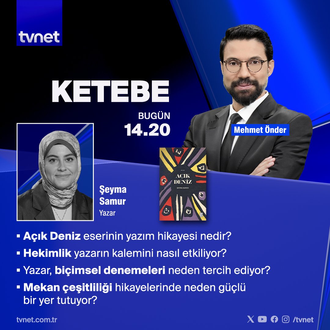 tvnet's tweet photo. Önce yazdılar, şimdi anlatıyorlar...✍
📚 @ketebe 'nin bu haftaki konuğu @seymasamurtek oluyor.
👉 Mehmet Önder ile Ketebe bugün 14.20'de #TVNET'te. https://t.co/gOcaXCOqpA
