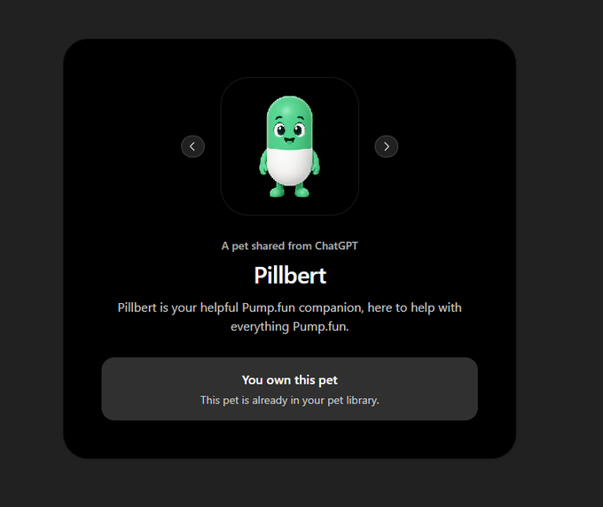 deviussol's tweet photo. Chatgpt just added new codex pets and the ability to create your own

So I have went ahead and created our own Pumpfun mascot type pet

His name is Pillbert

you can add him to your chatgpt using this link here

https://t.co/xjMOwsO095 https://t.co/skEKpfrSHv