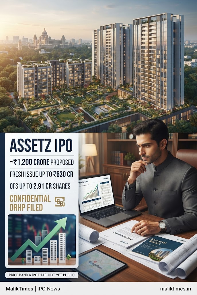 Advparvezali's tweet photo. Bengaluru premium housing developer Assetz has confidentially filed its pre-DRHP with SEBI.

Proposed IPO: ~₹1,200 Cr
Fresh issue: up to ₹630 Cr
OFS: up to 2.91 Cr shares
Price band &amp; IPO date: not public yet.
👉 https://t.co/t4ZRdk8ti2

#IPO #IPO2026 https://t.co/1z0ShyXHI6