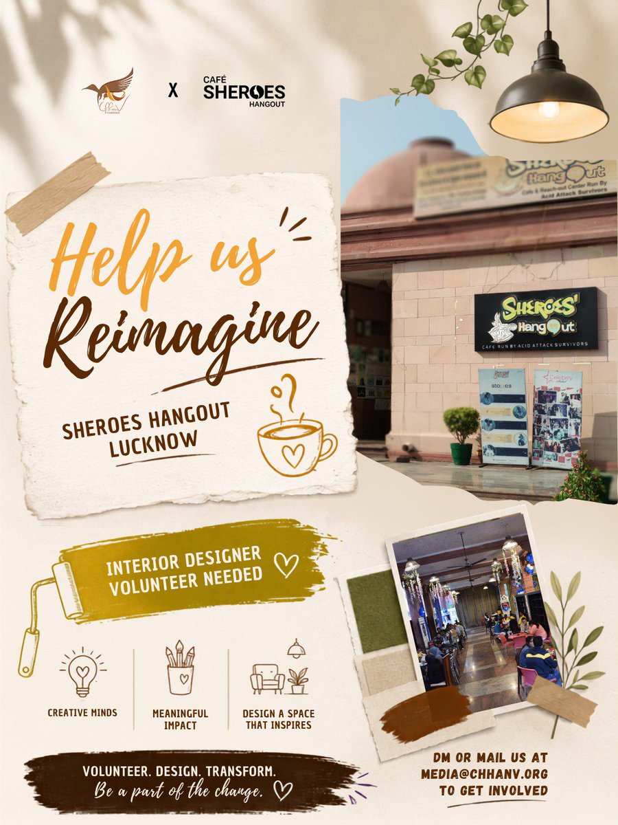 StopAcidAttacks's tweet photo. Calling Interior Designers & Design Students | Volunteer Opportunity

We are looking for a passionate Interior Designer / Interior Design Student who would like to volunteer their creativity and expertise to help us reimagine the interior of @SheroesHangout cafe, Lucknow. 

We are looking for someone who can help us create a space that feels more welcoming, vibrant, functional and inspiring, while staying true to the spirit and story of Sheroes.

✨ What you can contribute:
• Interior design & space planning
• Creative ideas for the café makeover
• Décor, colours, furniture & visual elements
• Making the space more functional and inviting

This is a volunteer opportunity for someone who wants to use their design skills to contribute to a meaningful social initiative and create a space that inspires conversations, community and change.

📍 Location: @SheroesHangout Café, Lucknow
🤝 Opportunity: Volunteer / Pro-bono
🎨 Who can apply: Interior Designers, Interior Design Students & Design Enthusiasts

If you would like to be a part of this transformation, DM or Mail us at media@chhanv.org.

Let’s redesign a space with purpose. 💜

#volunteeropportunity #chhanvfoundation #interiordesigners #sheroeshangout #stopacidattacks