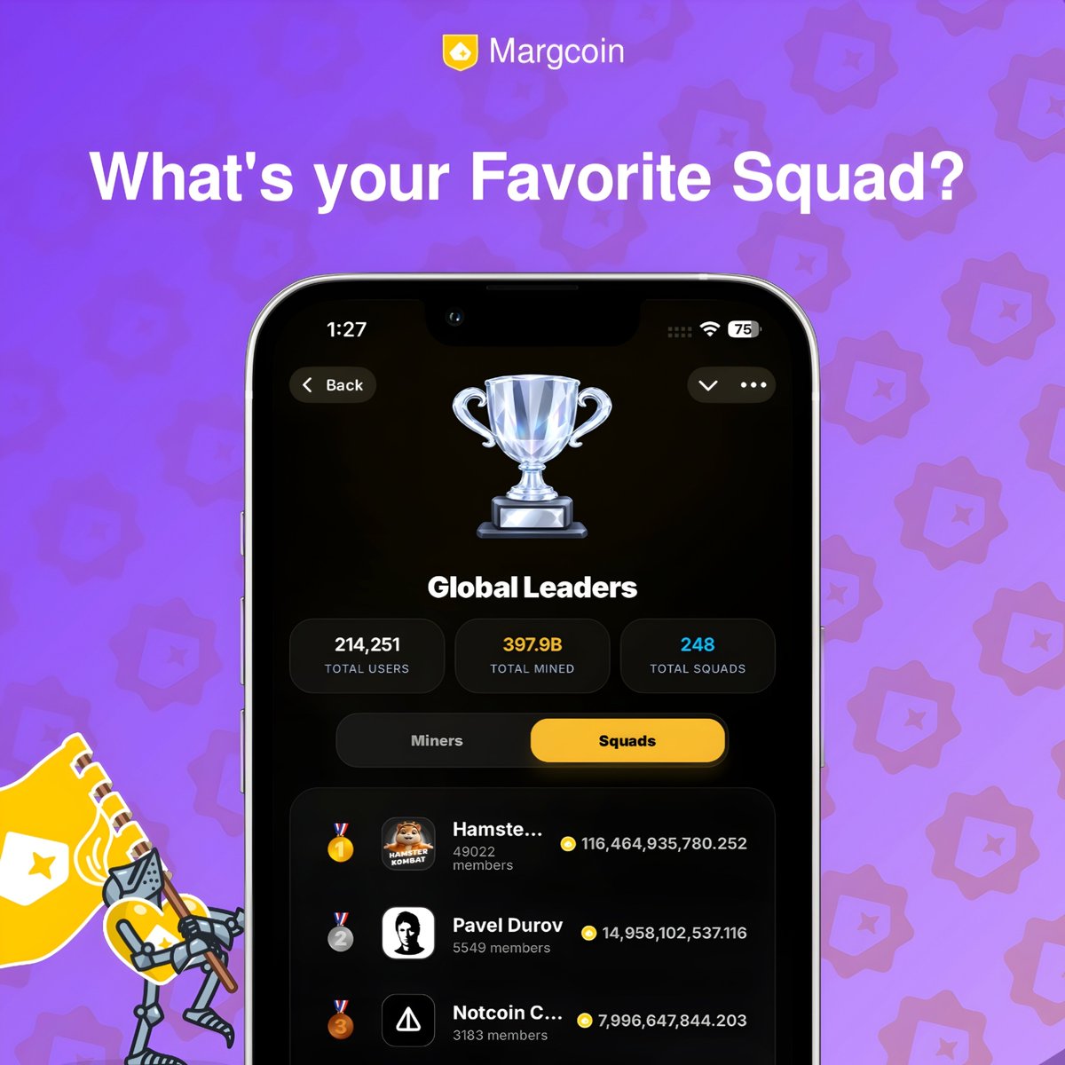 MargcoinOG's tweet photo. Margcoin has become a common name across Telegram communities.🖼

A huge community has come together to create squads, mine Margcoin, compete, and have fun along the way. But the real question is: what is your favorite squad? Hamster Kombat, Pavel Durov, or Notcoin? It is certainly interesting to see which one the community chooses.

🏳️ Today marks the 27th day since the Margcoin MiniApp launched, and the numbers are already remarkable:

📱 250,000 Frens have joined and invited their friends.
105,000 subscribers have joined the Margcoin Telegram channel.
20,000 followers have joined us on X.

And the most important part is the community itself.

🪙 Every Margcoiner is a CEO of the MiniApp, an owner of their squad, and a collector and owner of their NFTs. That is what makes Margcoin different.

Community comes first, always.