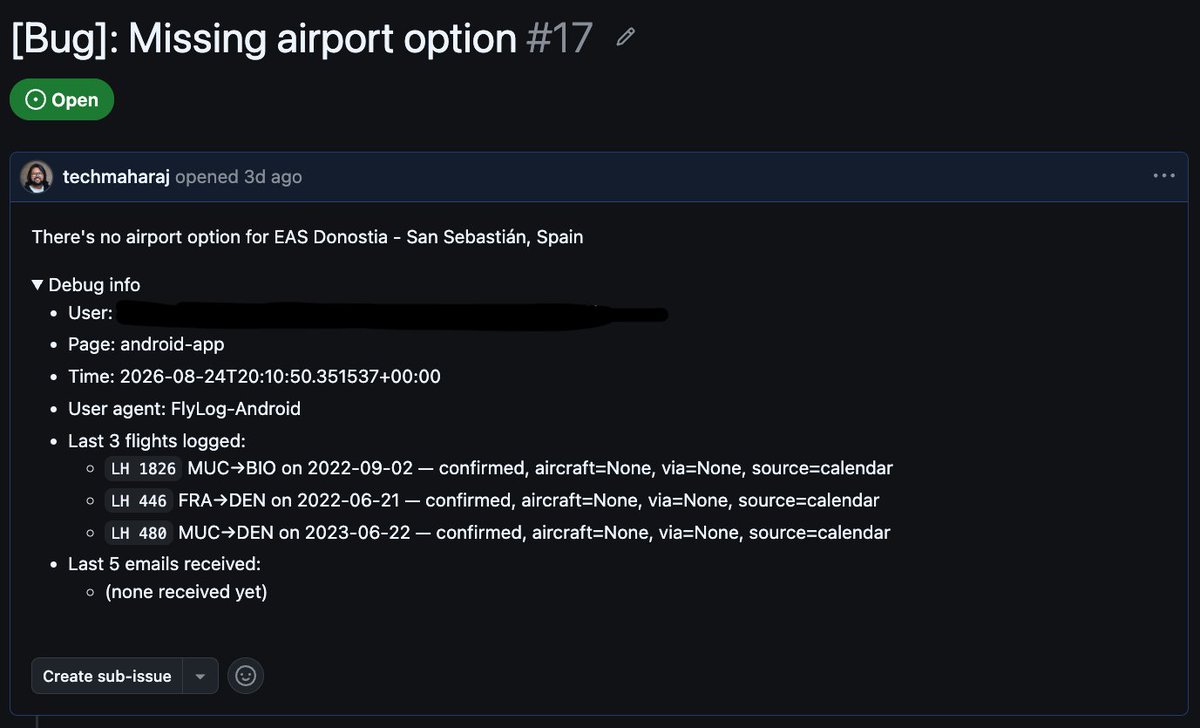 TheTechMaharaj's tweet photo. As a developer, you don't usually celebrate issues and bugs. 

But someone - I assume from Spain - tried FlyLog and logged a bug; they're amongst our first international users!

PS: FlyLog has processed over 400 flights with users across 4 countries!

#AndroidApp #AVGeek https://t.co/PLtxC50Lyl
