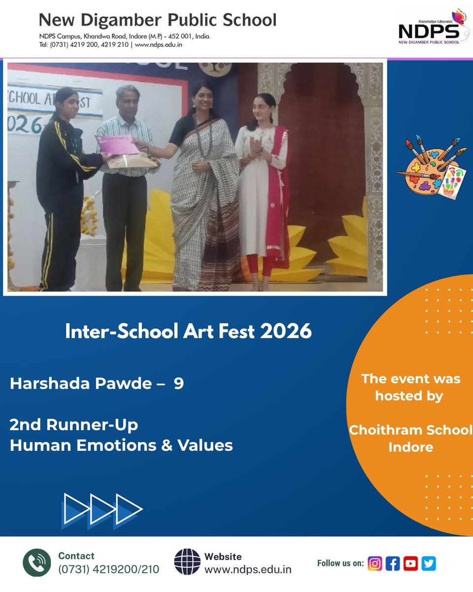 NewDigamber's tweet photo. NDPS celebrates success at Choithram School Inter-School Art Fest 2026! Amogh Agarwal &amp; Eveleen Kaur Rajpal won 1st positions, while Harshada Pawde secured 2nd Runner-Up. Congratulations to our talented young artists! #NDPS #ArtFest2026 https://t.co/sx8ELhM6Pv