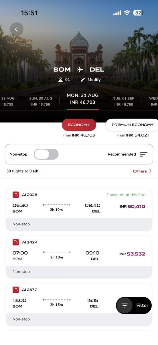 saaggaar's tweet photo. @airindia I am trying to book tickets for nagpur for 31st august. Absurd prices are visible. And this pricing glitch is for all cities. Screenshots attached. https://t.co/pFQeG3Zpzs