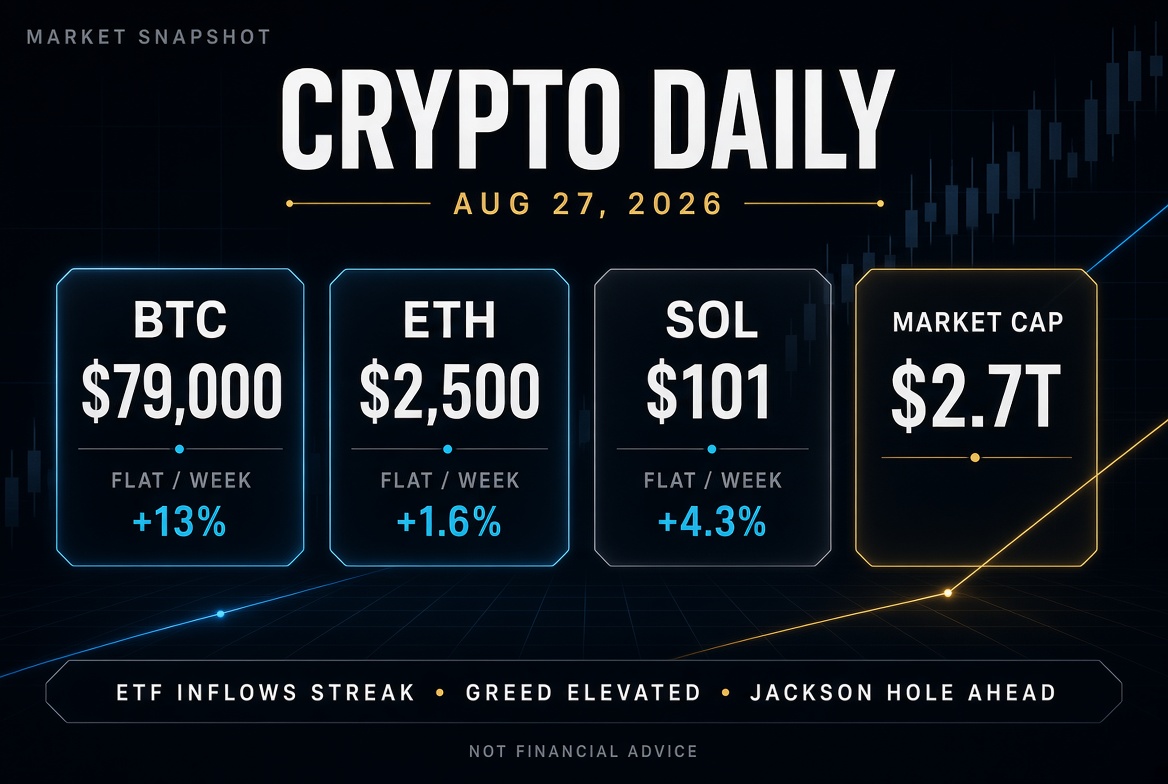 CryptoPulseXgl's tweet photo. Crypto market check — Aug 27

BTC holding near $79K after tagging $80K this week

ETH around $2,500 and still one of the stronger majors

SOL leading large caps, back above $100

XRP cooling after a big weekly run  Total market cap sits near $2.7T
BTC dominance still high (~58%)
Spot ETF inflows have stayed green for a full week  Jackson Hole is the next big event risk.

Greed is elevated. 

Size positions like it can reverse.