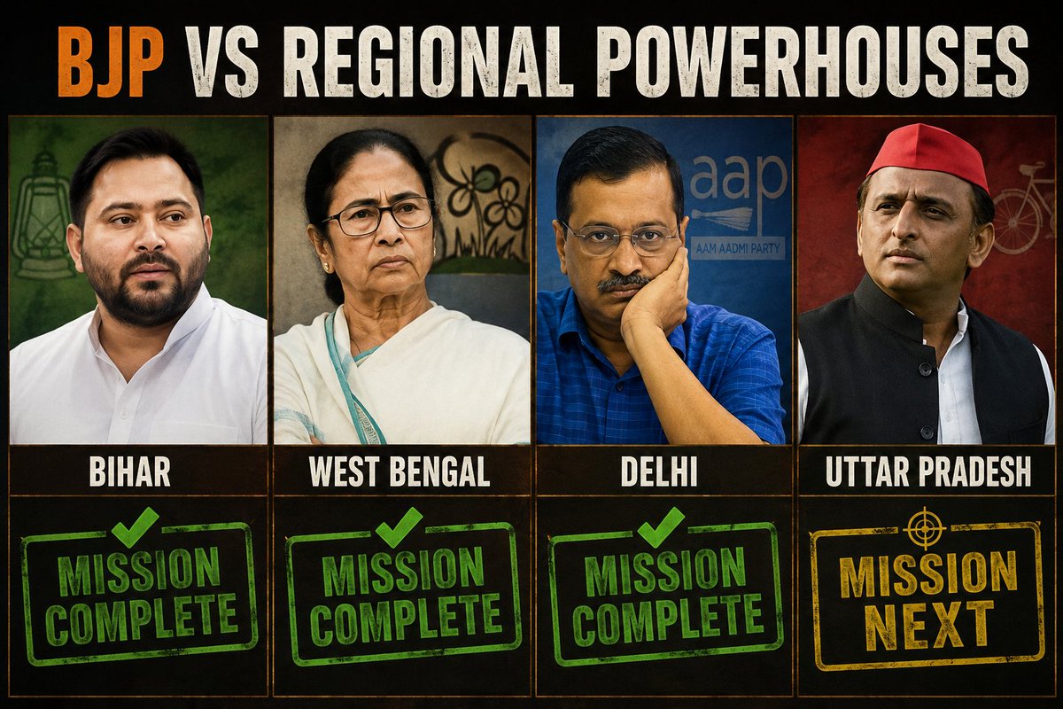 _BharatWatch's tweet photo. #Bihar, #Bengal, #Delhi. The regional fortresses have already fallen. 🎯

Now the spotlight shifts to Uttar Pradesh.

#AkhileshYadav, the next fortress is yours. 😉

#Politics #BJP https://t.co/TCAXQhOc1a