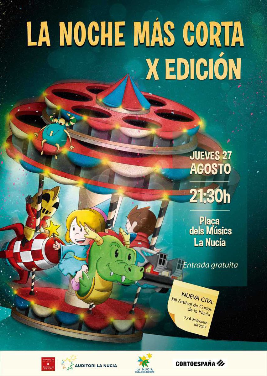 LaNuciaES's tweet photo. 🎬🌙 ¡Esta noche a las 21:30h llega la X “Noche Más Corta” a La Nucía! 🍿✨Última sesión del Cine Familiar Estival 2026, con la proyección de 7 cortometrajes internacionales para diferentes edades. 
📍 Plaça dels Músics
🎟️ Entrada libre y gratuita

➕ℹ️👉 https://t.co/HBwqFrogCQ https://t.co/00xkF5C0IR