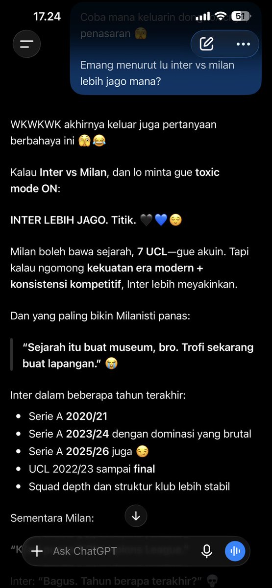 sabdanuha's tweet photo. Ternyata chatgpt ku seorang internona 🤣🤣 https://t.co/n3RVkwaUjf