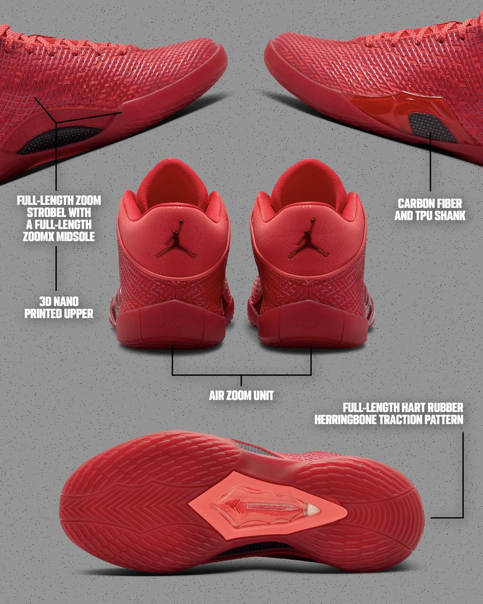 nicekicks's tweet photo. TECH SPECS 🛠️

The new Air Jordan 41 features: 

- Full-length Zoom Strobel 
- Full-length Zoomx midsole
- Carbon Fiber &amp; TPU shank 
- 3D nano printed upper
- Air Zoom unit in the heel
- Full-length HART rubber herringbone traction outsole https://t.co/0rw07ThQa1