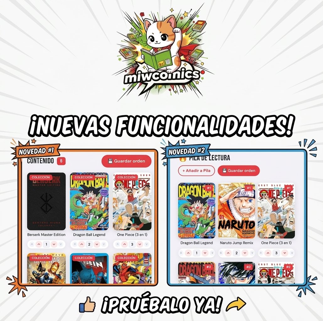 MiwComics's tweet photo. Acabamos de mejorar el sistema de orden en #MiwComics:

• Pila de lecturas reordenable por flechas o número de posición.
• Orden personalizado en tus listas.

Pásate y pon orden a tus pendientes 🚀👇 https://t.co/0ib90QkrgE