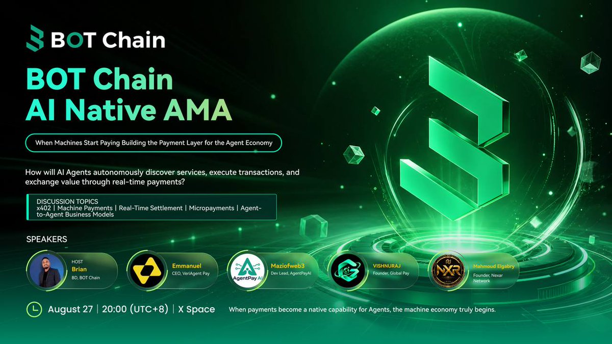 Code2Crypt0's tweet photo. 🎙️ Excited to join the BOT Chain AI Native AMA tonight as the Founder of GlobalPay.

We'll discuss AI agent payments, x402, micropayments, and the future of Agent-to-Agent commerce on BOT Chain.

📅 Aug 27 | 20:00 (UTC+8)
📍 X Spaces
See you there! 🚀 https://t.co/gpD3hu7BqS
