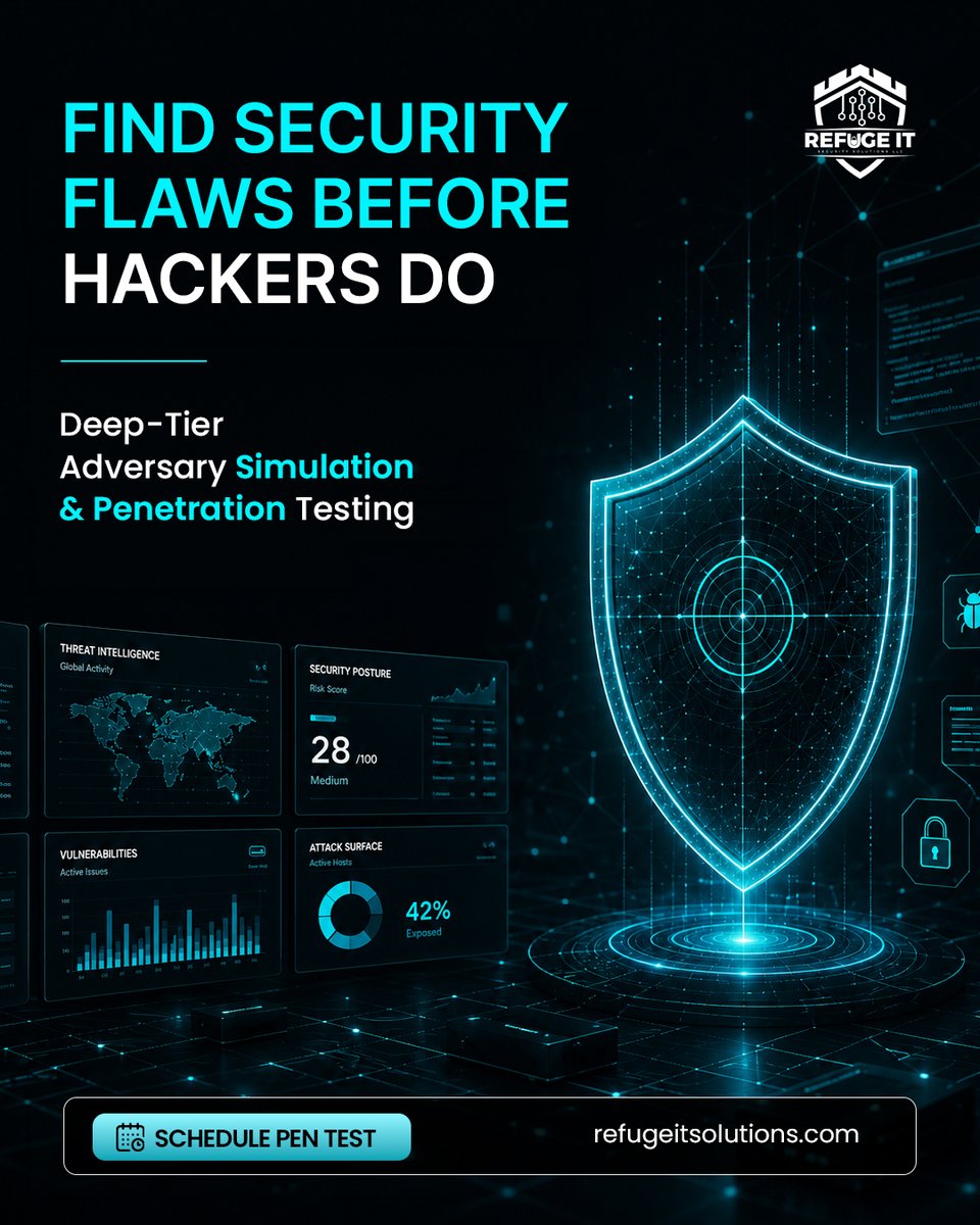 RefugeIT's tweet photo. Find the gaps before attackers do. 🔐

Schedule your pen test today:

👉 https://t.co/JmyIL6GG7E
.
.
.
.
#RefugeIT #Cybersecurity #PenTesting #InfoSec https://t.co/YVfNgUggiJ