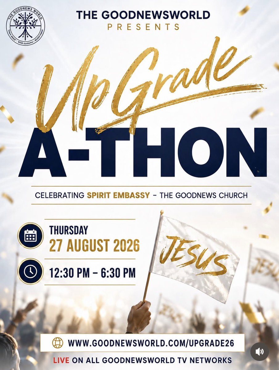 UebertAngel's tweet photo. UPGRADE A-THON IS BACK! 🎉✨

Join us today as we celebrate the extraordinary impact of Spirit Embassy - The GoodNews Church and honour our beloved Man of God, the visionary and CIC of the GoodNewsWorld, The Ra'ah, Prophet Uebert Angel.

🌐 LIVE across all GoodNewsWorld Networks
🗓️ Thursday, 27 August 2026 
⏱️ From 12:30 PM BST

Has Spirit Embassy transformed or impacted your life? Share your UPGRADE testimony and let your story inspire the nations! 🙌🔥

https://t.co/SR87DPthtv