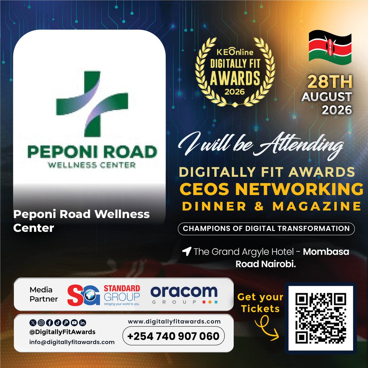 peponiroad's tweet photo. We will be attending the Digitally Fit Awards 2026. Yes, the biggest event in the Continent is here, the digitally fit awards 2026 at the heart of Nairobi City, Argyle Grand Hotel. 
Join us tomorrow and experience how we are is changing lives. Visit: https://t.co/BwGlK7auy7 . https://t.co/WQXUAHRcCn