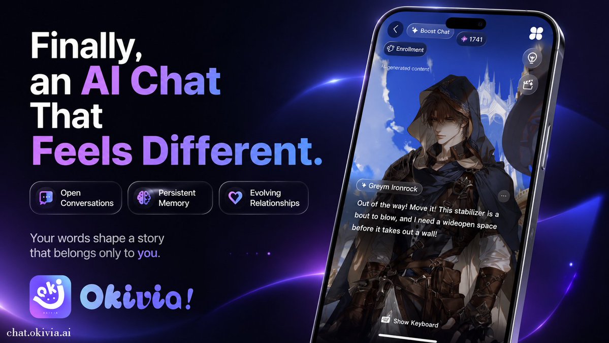 Melodyiaaa's tweet photo. Free conversation. Long-term memory. Relationships that evolve.
No fixed choices, no scripted paths. Every message you send shapes the story.
With Okivia, your words create a story that’s uniquely yours.
#Chatbots #AIchat #AICompanion #AIRoleplay #Okivia https://t.co/AspmWwWACo