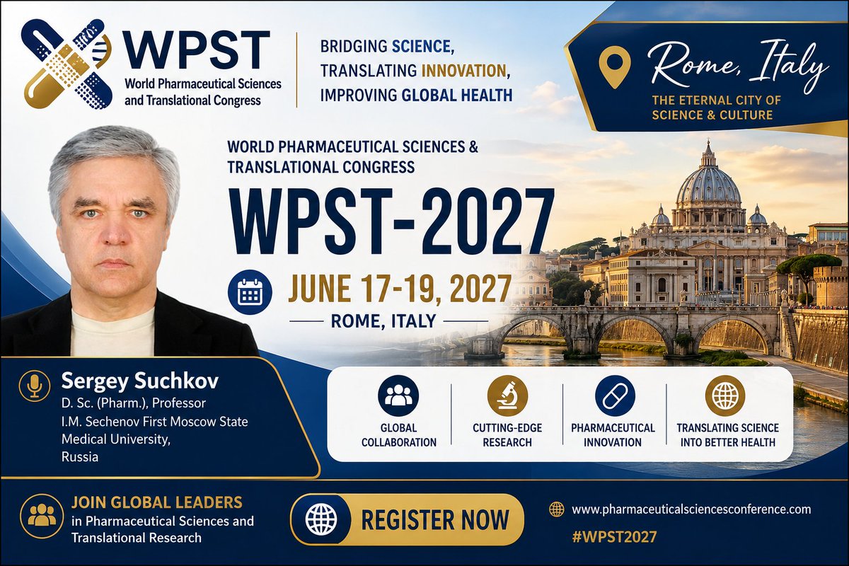 Pharma_Event's tweet photo. 🧬 Meet Our Featured Speaker | WPST 2027

🤝We are pleased to welcome Dr. Sergey Suchkov, as an Keynote Speaker at WPST-2027.

📅 June 17–19, 2027
📍 Rome, Italy &amp; Online

🌐Website:- https://t.co/g2qAHxFCov

#PharmaceuticalSciences #SergeySuchkov #PrecisionMedicine #Biopharmacy https://t.co/Kdg6nsWpuC