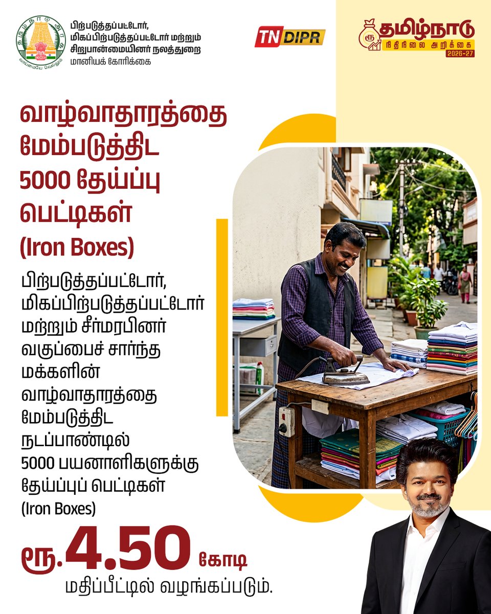 TNDIPRNEWS's tweet photo. தமிழ்நாடு நிதிநிலை அறிக்கை 2026-2027
பிற்படுத்தப்பட்டோர், மிகப்பிற்படுத்தப்பட்டோர் மற்றும் சிறுபான்மையினர் நலத்துறை

#CMJosephVijay | #TNDIPR | #TNBudget2026_27 |
@TVKVijayHQ | @imrajmohan | https://t.co/4rjhHsG7U3