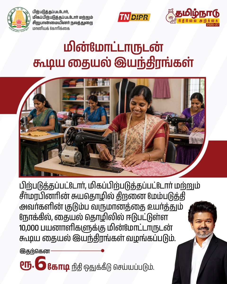 TNDIPRNEWS's tweet photo. தமிழ்நாடு நிதிநிலை அறிக்கை 2026-2027
பிற்படுத்தப்பட்டோர், மிகப்பிற்படுத்தப்பட்டோர் மற்றும் சிறுபான்மையினர் நலத்துறை

#CMJosephVijay | #TNDIPR | #TNBudget2026_27 |
@TVKVijayHQ | @imrajmohan | https://t.co/4rjhHsG7U3