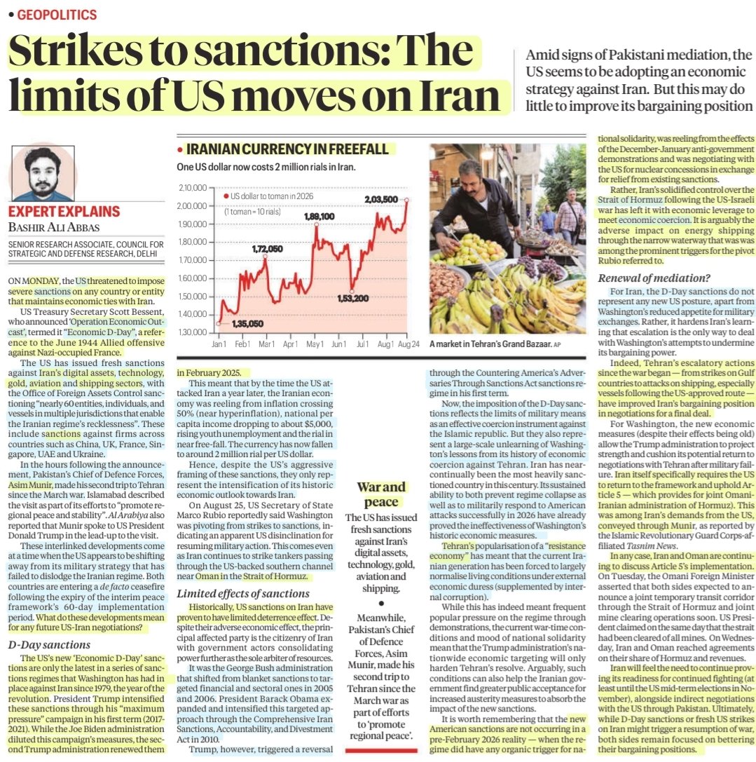 imRavikantYadav's tweet photo. Strikes to sanctions: The limits of US moves on Iran
:An Informative article by Mr @BashirAliAbbas
#IranWar #UnitedStates #Sanctions
#OperationEconomicOutcast #EconomicDday
#Tehran #ResistanceEconomy
#StraitOfHormuz
#Oman
#Geopolitics
#UPSC
Source: IE https://t.co/X8EDKQQ4R1