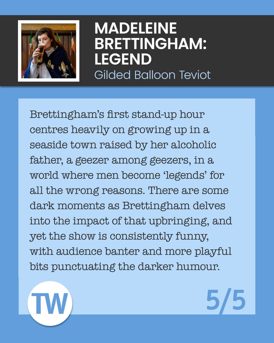 ThreeWeeks's tweet photo. As we head towards the final weekend of this year's Edinburgh Festival, here are three more highly recommended shows - read the full reviews and all our 5/5 reviews so far here: https://t.co/DNAaS2rGFm

@AssemblyFest @Gildedballoon https://t.co/tJRazRs2kK