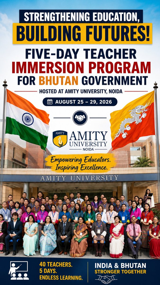 InsightBhutan's tweet photo. 🇧🇹🇮🇳 40 Bhutanese teachers, 5 days of learning &amp; innovation! 📚✨
A meaningful India–Bhutan exchange focused on modern teaching, AI &amp; future-ready education. 🤝🌏❤️

#Bhutan #India #Education #TeacherTraining #AmityUniversity #IndiaBhutan #AIinEducation #FutureReady https://t.co/l8rUeTekHn