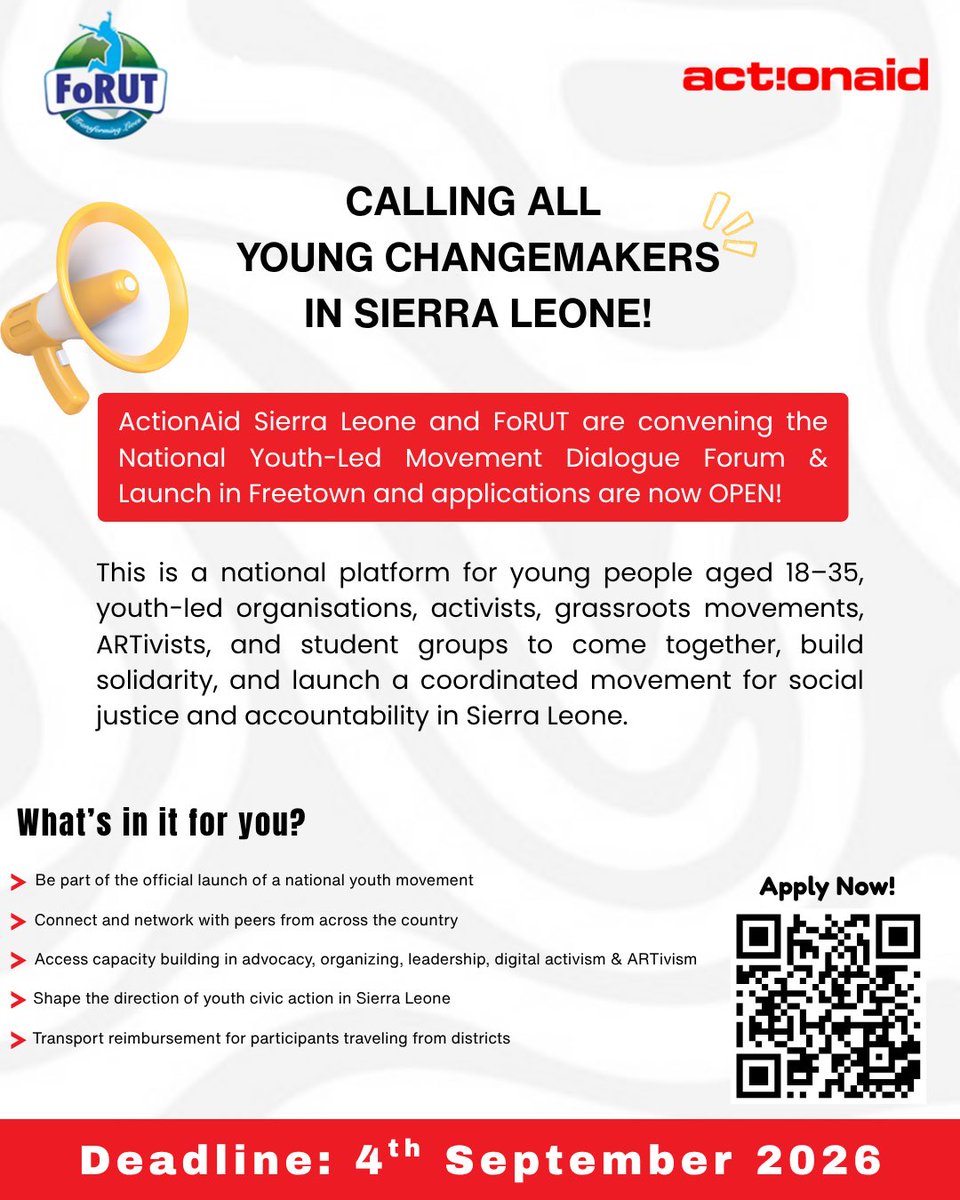 actionaidsl5's tweet photo. Youth-led movement dialogue forum &amp; launch in Freetown! 
18–35?Activist, ARTivist, student, or grassroots organizer? Apply now to help launch a national movement for social justice &amp; accountability. Training + transport reimbursement included.
[https://t.co/1GtwcAyAdC]
#YouthLed https://t.co/d3KENfgGUo