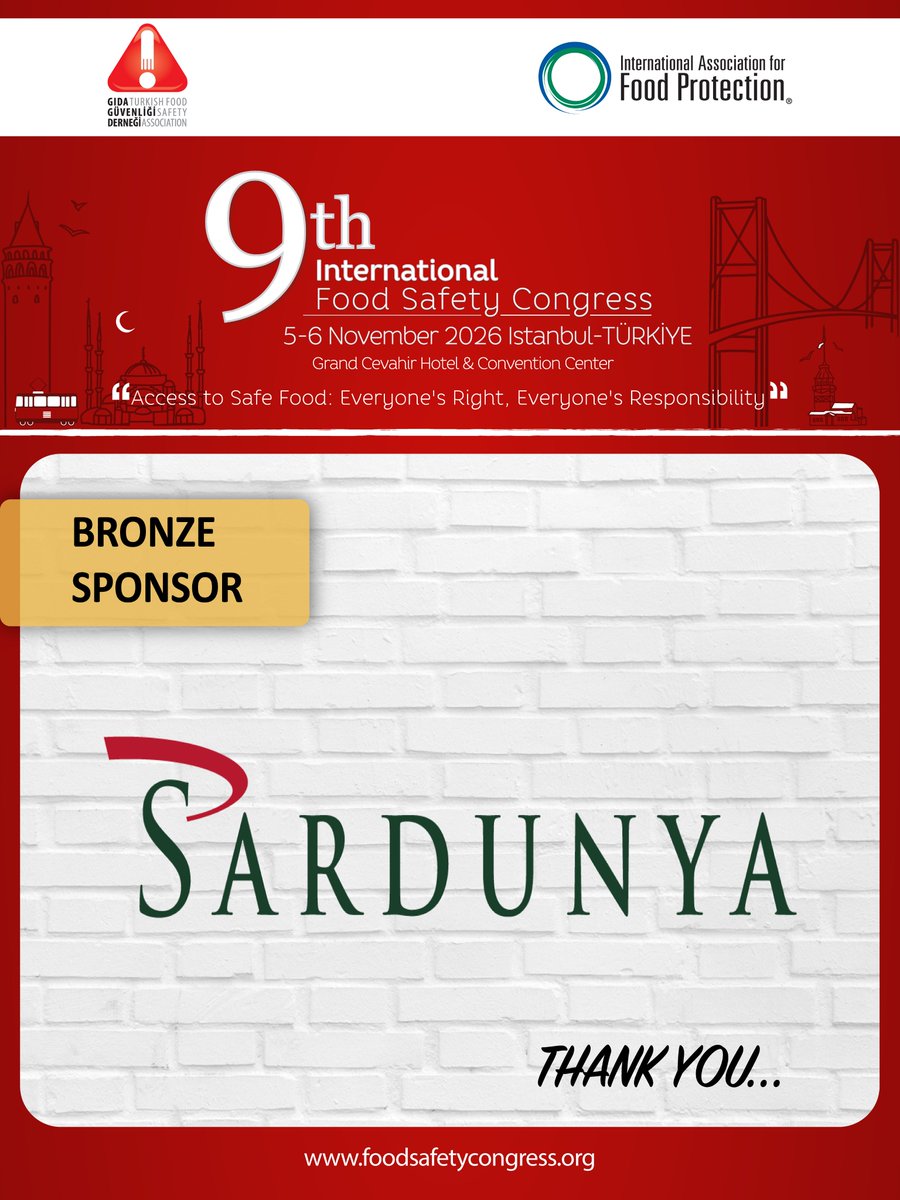 GidaGuvenligi's tweet photo. We are happy to share our “Bronze Sponsor" SARDUNYA at the 9th International Food Safety Congress, which will be held at Istanbul Grand Cevahir Hotel &amp; Convention Center on 05-06 November 2026. https://t.co/IBRhFVFQV4