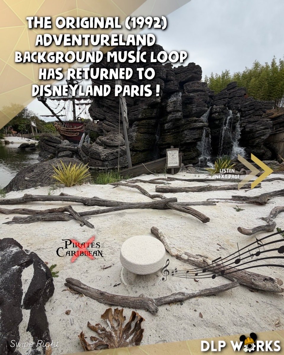 DLPWorks's tweet photo. [News] ⚠️🚨🎵 The original Adventureland BGM is back!!

➡️ The original Adventureland background music, introduced with the opening of #DisneylandParis in 1992, has returned since late July 2026!!
➡️ The soundtrack had been replaced in 2017 following the major refurbishment of Pirates of the Caribbean, with a new BGM inspired by Hans Zimmer’s soundtrack to reflect the integration of Jack Sparrow into the attraction.

➡️ Almost 10 years later, the original 1992 soundtrack is playing again across the land.
➡️ Whether linked to rights issues or the recently launched “New Magic” program, the change brings back another element of #DisneylandPark’s original atmosphere!!😍
➡️ 👀Now, we’re still waiting for the return of the Adventureland Galleon & the Floating Bridge to complete the refurbishment of the area to its original state!

💬 Which BGM do you prefer?